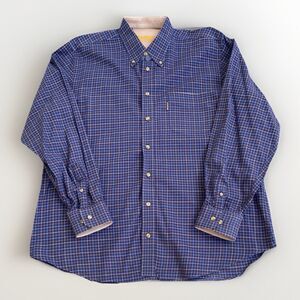 Barbour Mens Large Country Check Shirt Navy Blue Tan Plaid Cotton Corduroy Cuffs